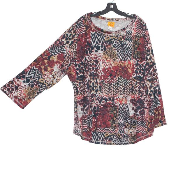 Sweater Patchwork Boho Roll Tab Sleeve Festival Abstract Eclectic Casual Size 3X - Picture 5 of 7